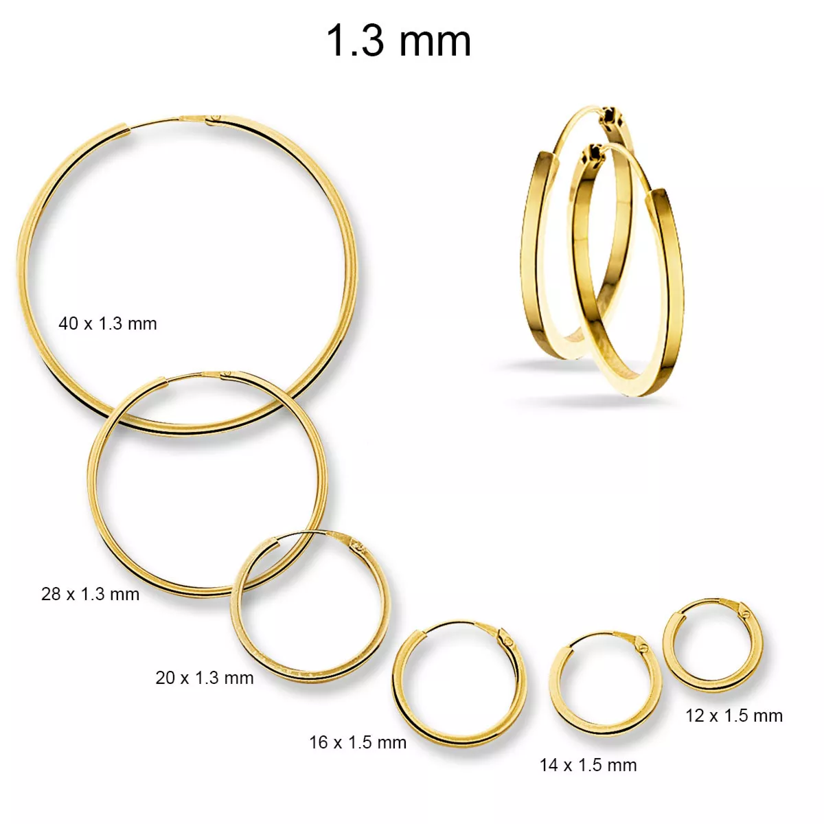 Gouden oorringen 1.3 - 1.5 mm vierkant