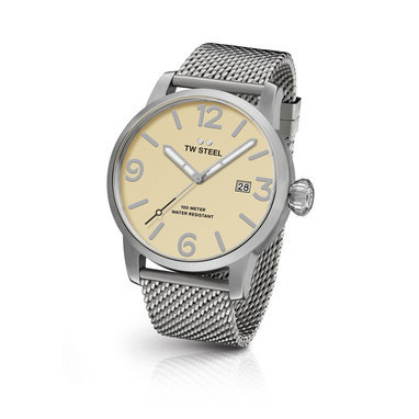 TW Steel MB1 45mm steel case 3 hands date cream dial steel Milanese bracelet horloge