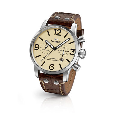 TW Steel MS23 45mm steel case chrono date cream dial chocolate brown vintage leather strap horloge