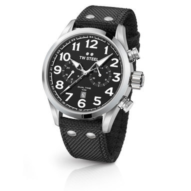 TW Steel VS8 48mm steel case dual time date black dial black textile strap horloge