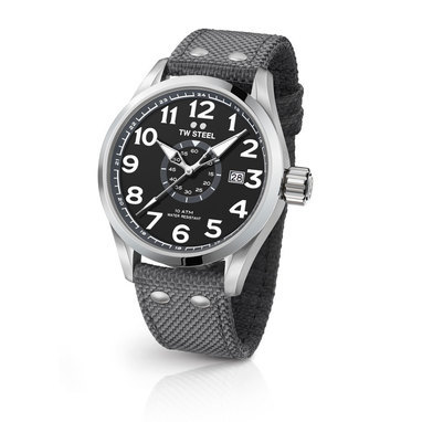 TW Steel VS11 45mm steel case 3 hands date black dial gey details grey textile strap horloge