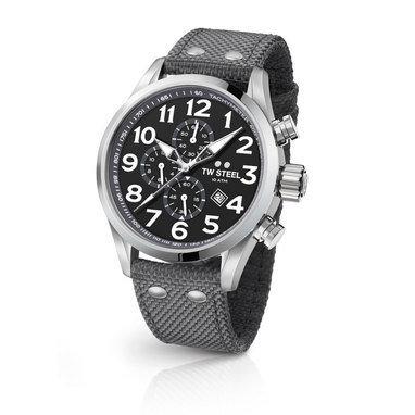 TW Steel VS13 45mm steel case chrono date black dial gey details grey textile strap horloge
