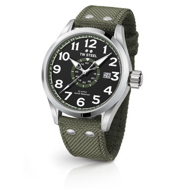 TW Steel VS22 48mm steel case 3 hands date black dial army green details army green textile strap horloge