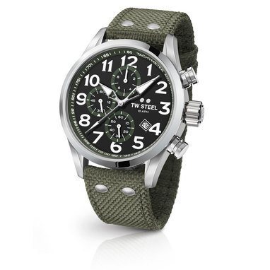 TW Steel VS24 48mm steel case chrono date black dial army green details army green textile strap horloge