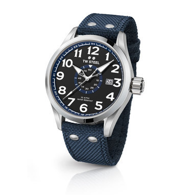 TW Steel VS31 45mm steel case 3 hands date black dial blue details dark blue textile strap horloge