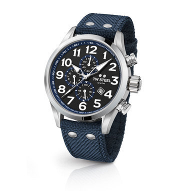 TW Steel VS33 48mm steel case 3 hands date black dial blue details dark blue textile strap horloge