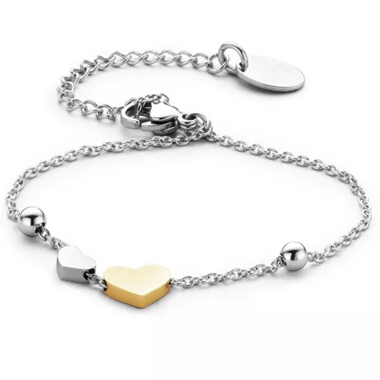 CO88 Collection 8CB-90118 - Stalen armband met hart bedels - lengte 16 + 3,5 cm - zilverkleurig / goudkleurig