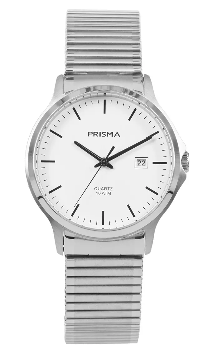 Prisma P.1700 Horloge rekband staal zilverkleurig-wit 39 mm