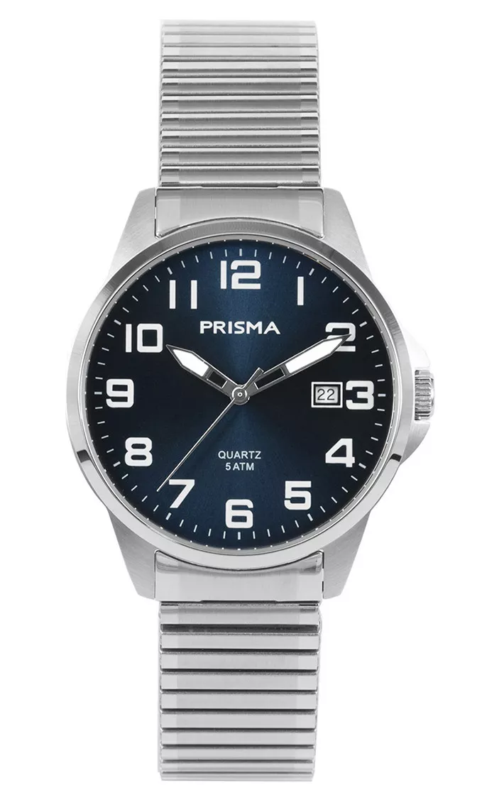 Prisma P.1481 Horloge rekband staal zilverkleurig-blauw 38 mm