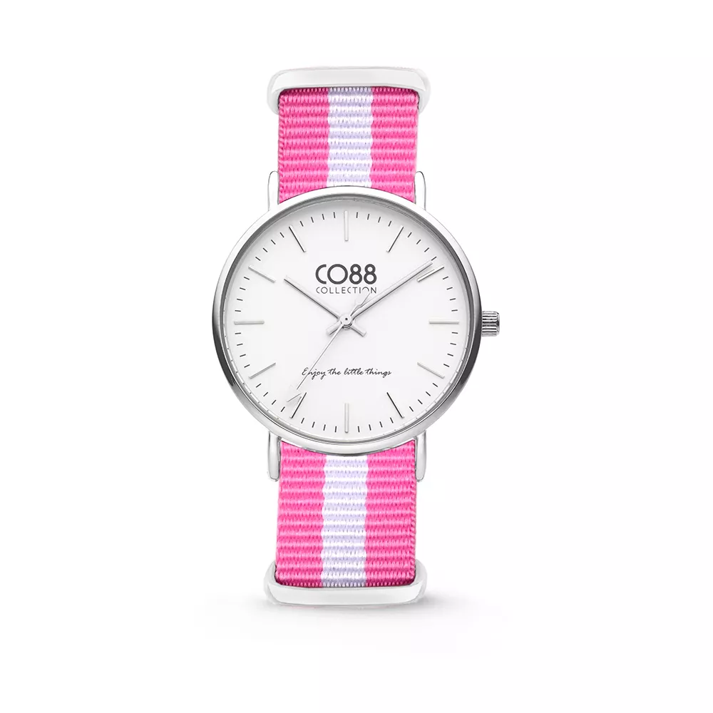 CO88 Horloge staal/nylon wit/roze 36 mm 8CW-10025 