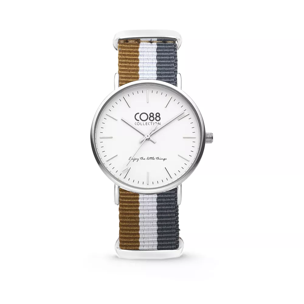 CO88 Horloge staal/nylon zilverkleurig/bruin/wit/grijs 36 mm 8CW-10031 
