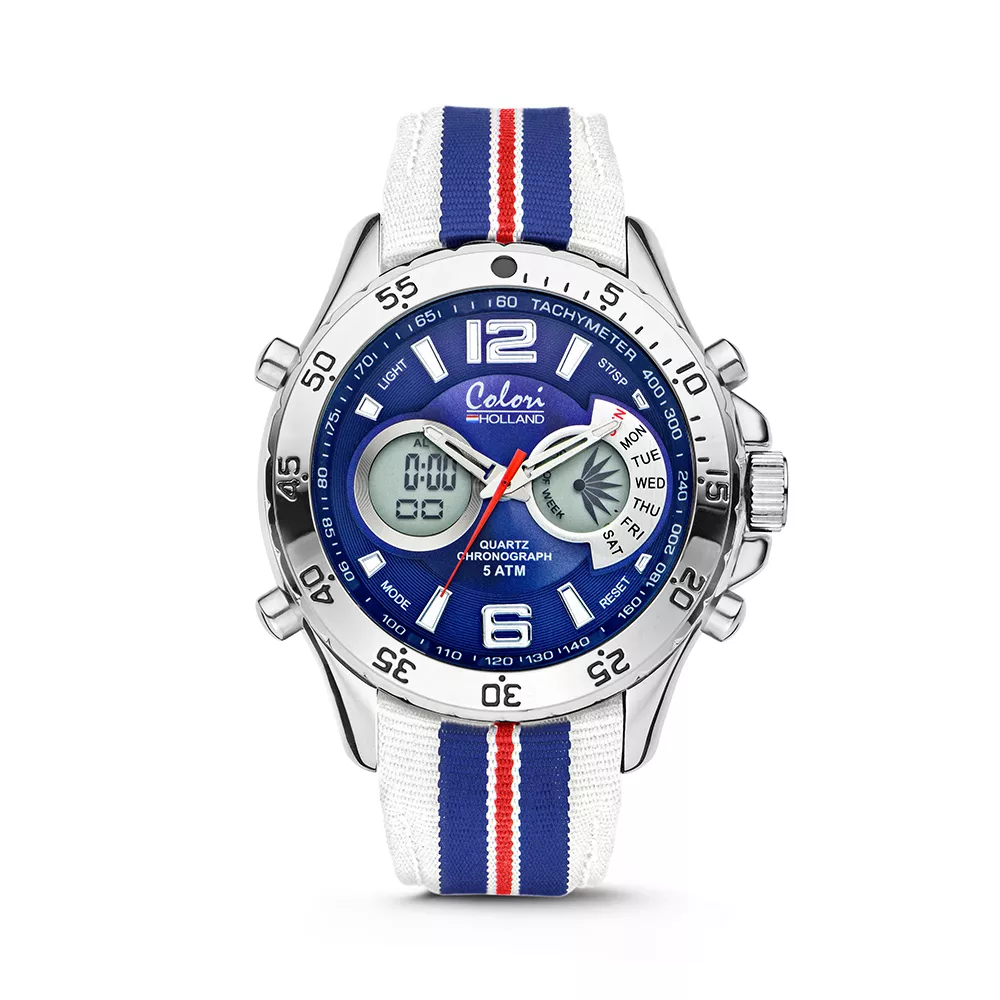 Colori Horloge Holland Sports staal/nylon rood-wit-blauw 48 mm 5-CLD132