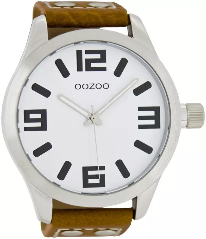 OOZOO C1001 Horloge Timepieces staal-leder zilverkleurig-cognac 51 mm