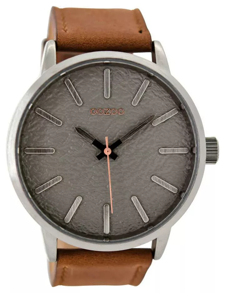 OOZOO C9025 Horloge Timepieces staal-leder zilverkleurig-cognac 48 mm