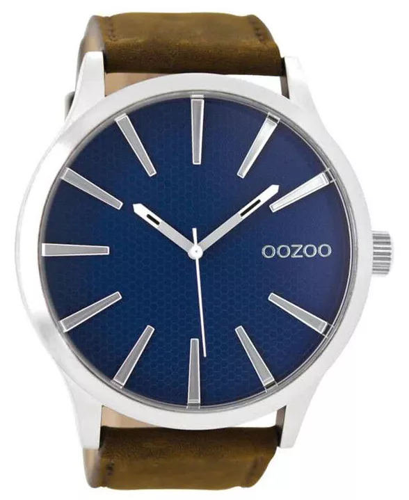 OOZOO C9040 Horloge Timepieces staal-leder zilverkleurig-blauw-bruin 50 mm