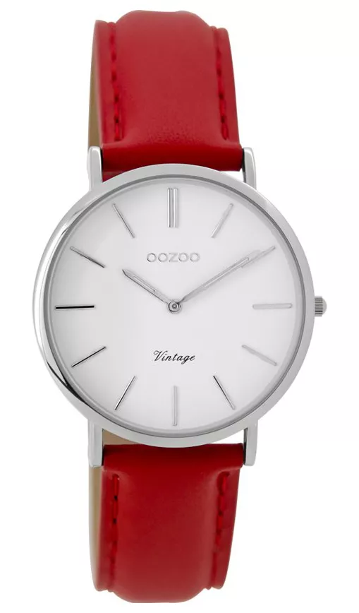 OOZOO Horloge Vintage staal zilverkleurig-rood 32 mm C9309