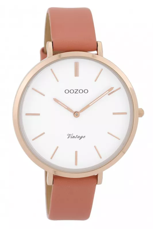 OOZOO Horloge Vintage staal/leder rosékleurig-perzik 40 mm C9388