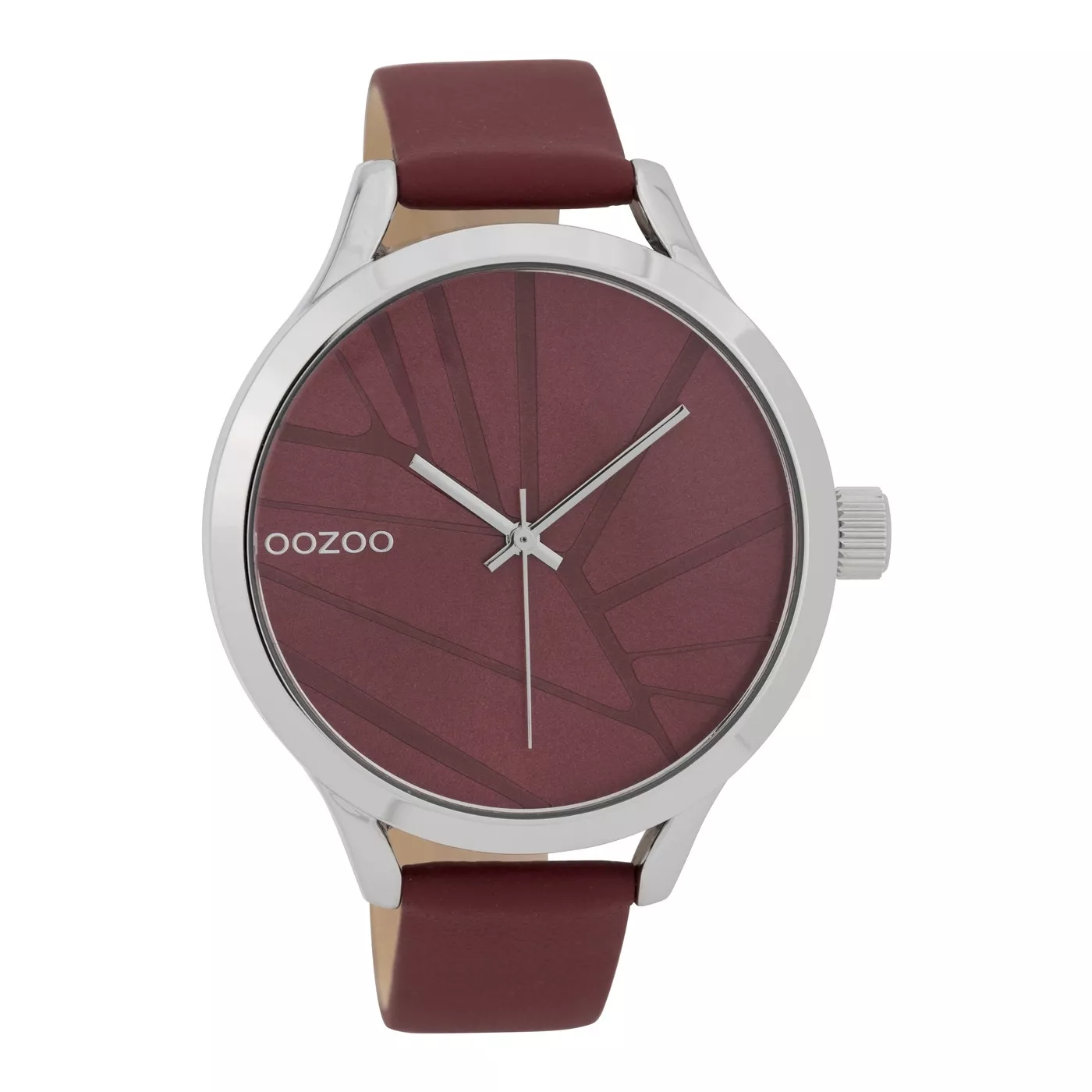 OOZOO Horloge Timepieces Collection staal/leder zilverkleurig-donkerrood C9682