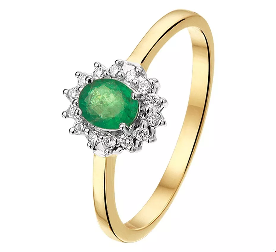 Huiscollectie Ring Smaragd En Diamant 0.10ct H SI Bicolor Goud