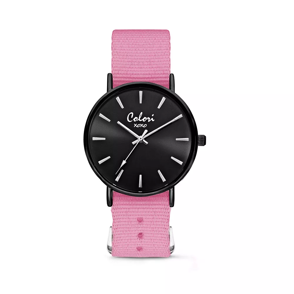 Colori XOXO 5 COL558 Horloge geschenkset met Armband - Nato Band - Ø 36 mm - Roze / Zwart 