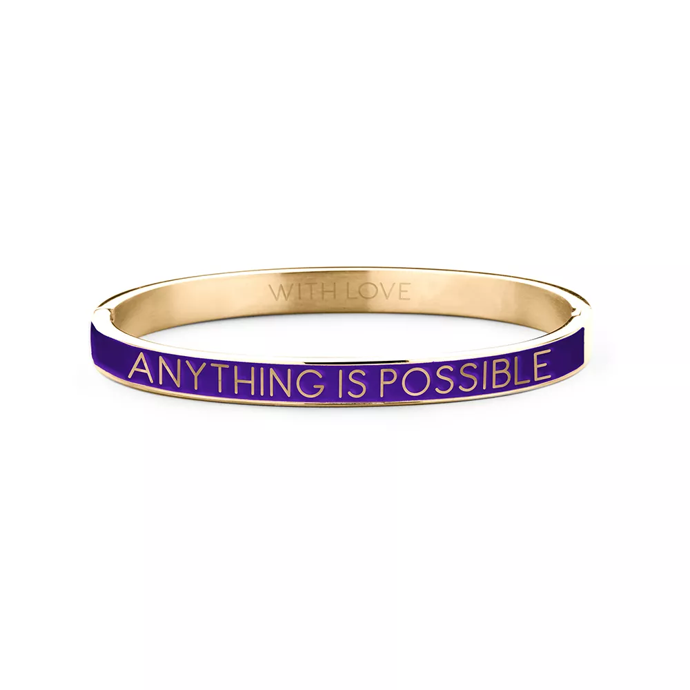 Key Moments 8KM BC0014 Stalen Bangle met Tekst Anything is Possible One-size Goudkleurig / Paars