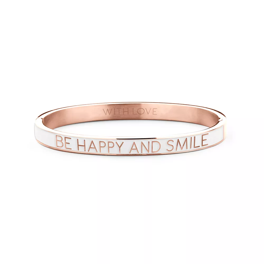 Key Moments 8KM BC0017 Stalen Bangle met Tekst Be Happy and Smile One-size Rosékleurig / Wit