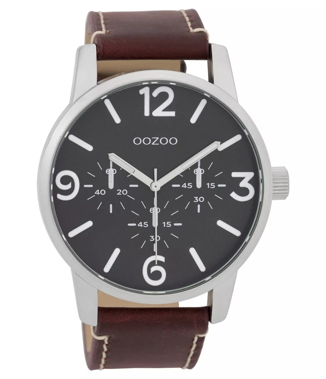 OOZOO C9652 Horloge staal/leder Redbrown-Black