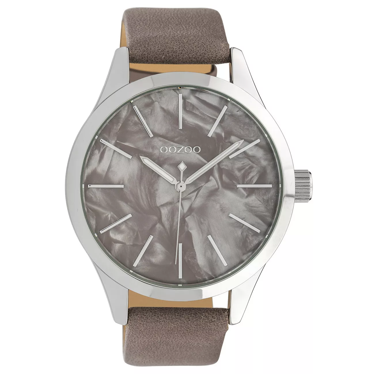OOZOO C10073 Horloge Timepieces staal-leder zilverkleurig-darktaupe 45 mm