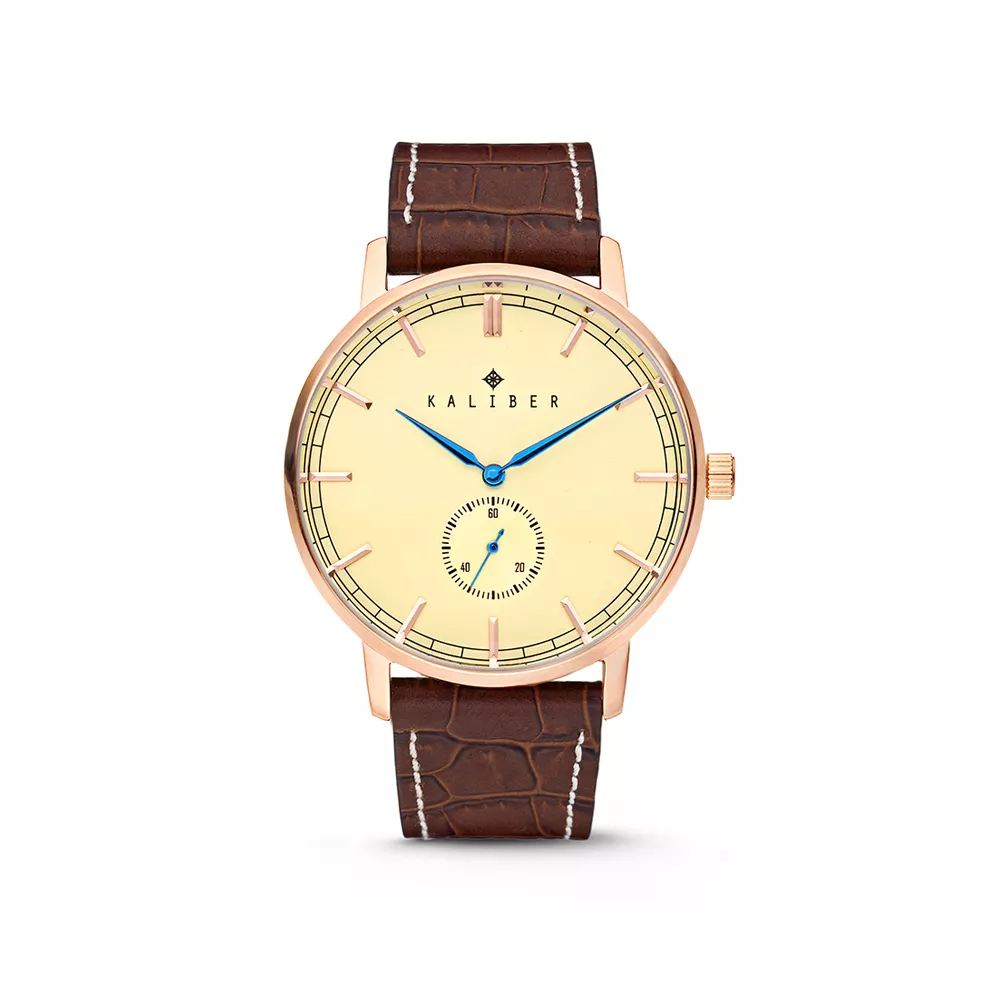 Kaliber 7KW-00003 - Stalen Horloge met Leren Band - Bruin en Roskleurig - 40 mm