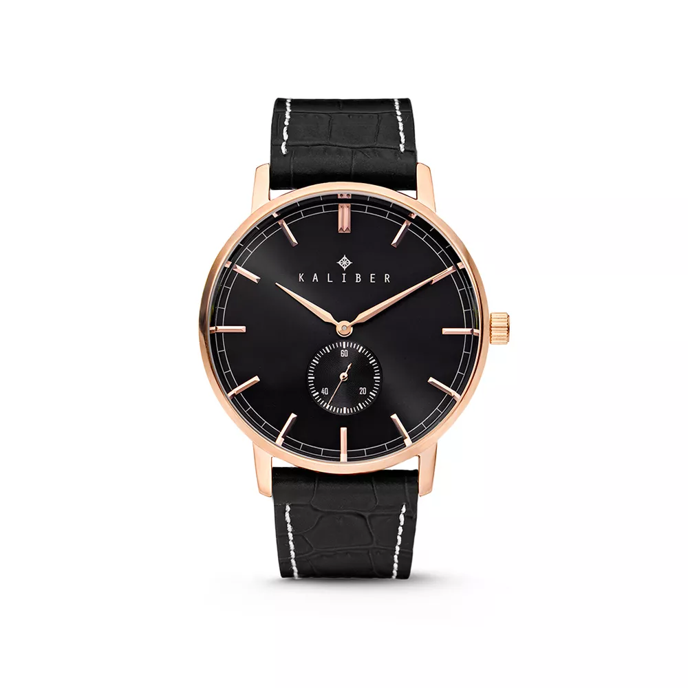 Kaliber 7KW-00004 - Stalen Horloge met Leren Band - Zwart en Roskleurig - 40 mm