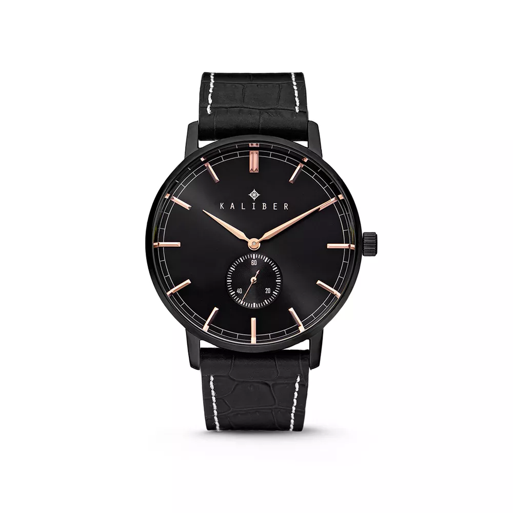 Kaliber 7KW-00005 - Stalen Horloge met Leren Band - Zwart en Roskleurig - 40 mm