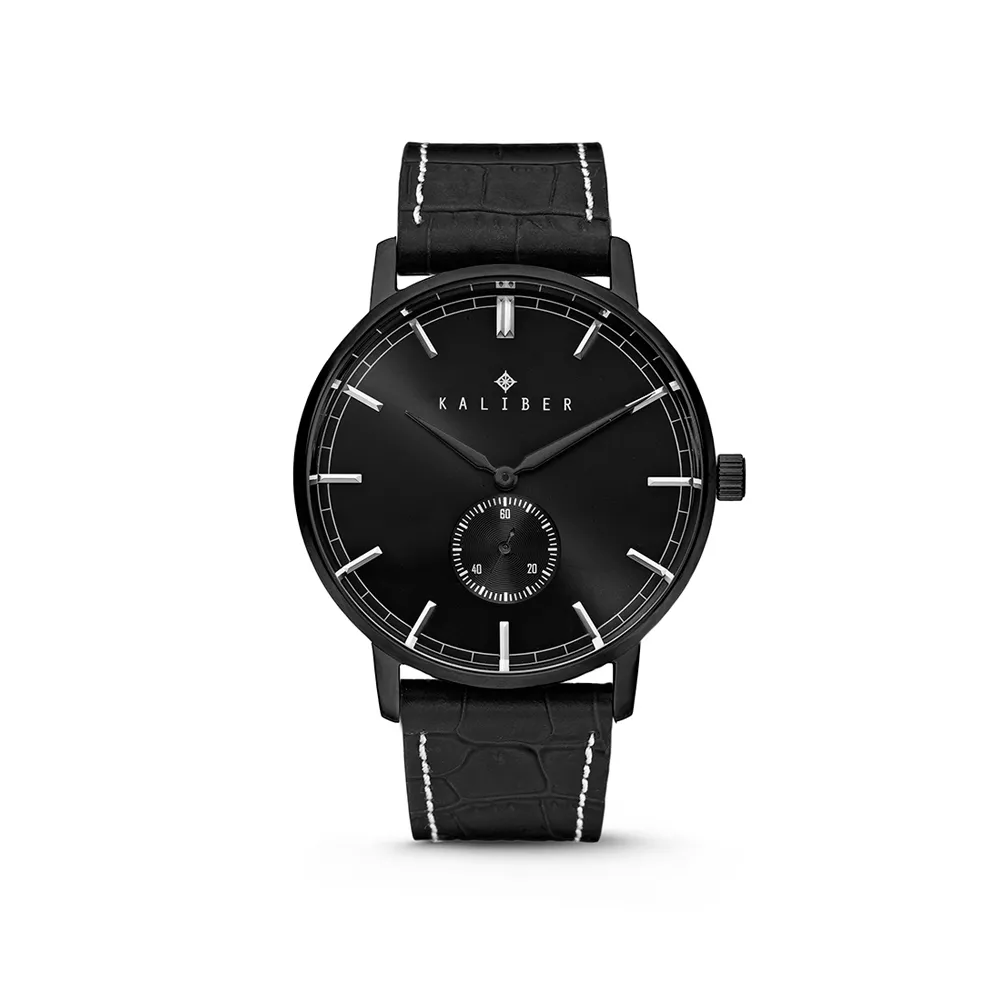 Kaliber 7KW-00006 - Stalen Horloge met Leren Band - Zwart - 40 mm