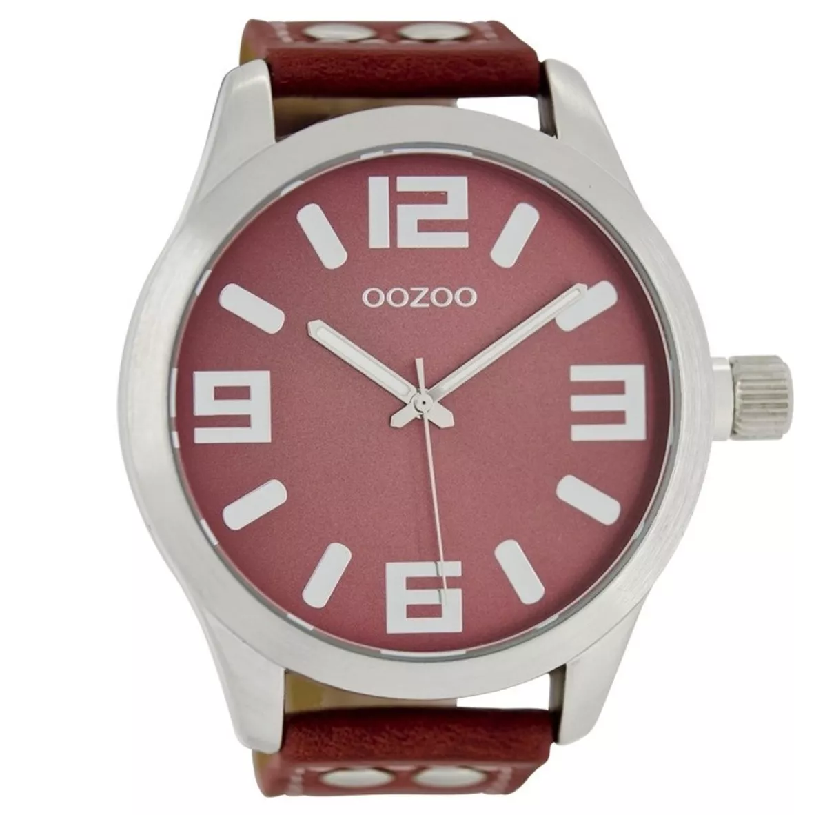 OOZOO C1009 Horloge Timepieces staal-leder zilverkleurig-donkerrood 51 mm