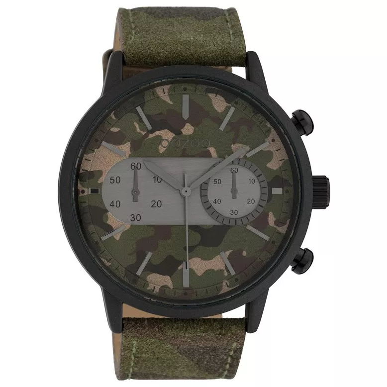 OOZOO C10068 Horloge Timepieces staal-leder zwart-dark camouflage 50 mm