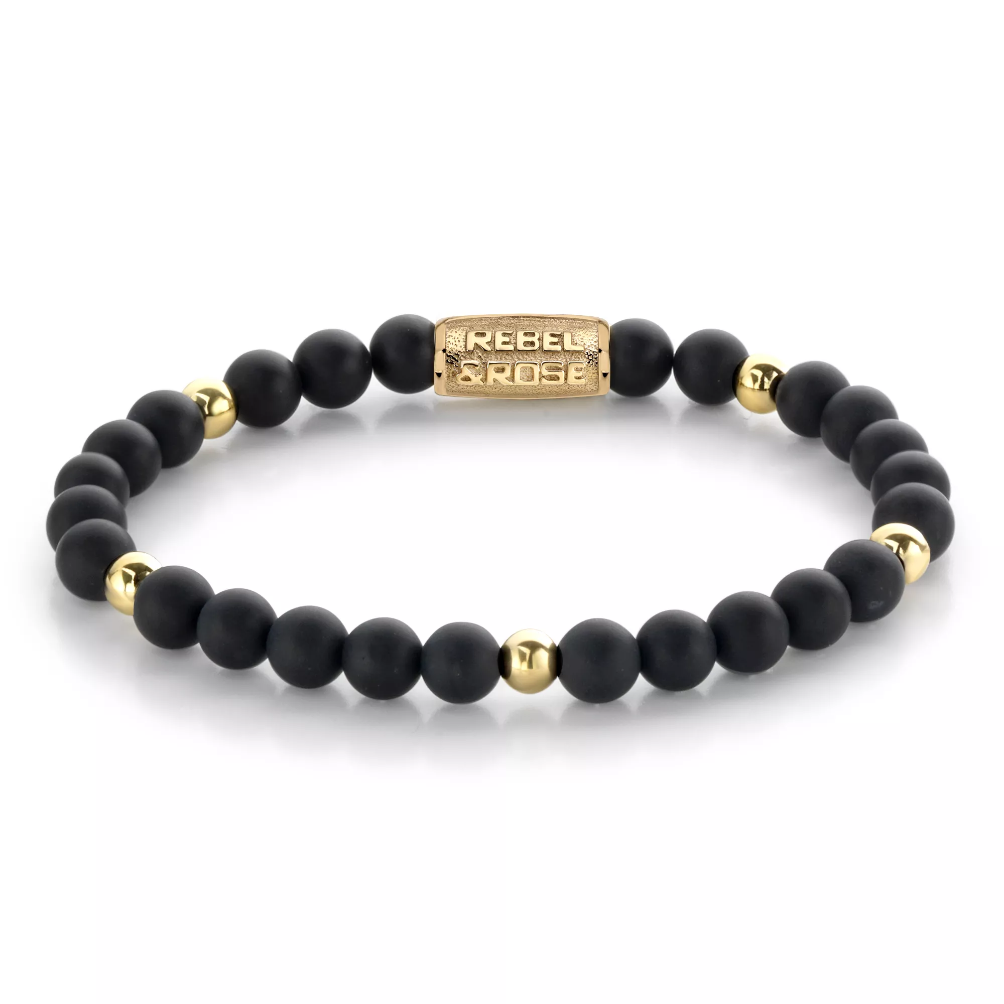 Rebel and Rose RR-60078-G Rekarmband Beads Matt Black Madonna goudkleurig-zwart 6 mm