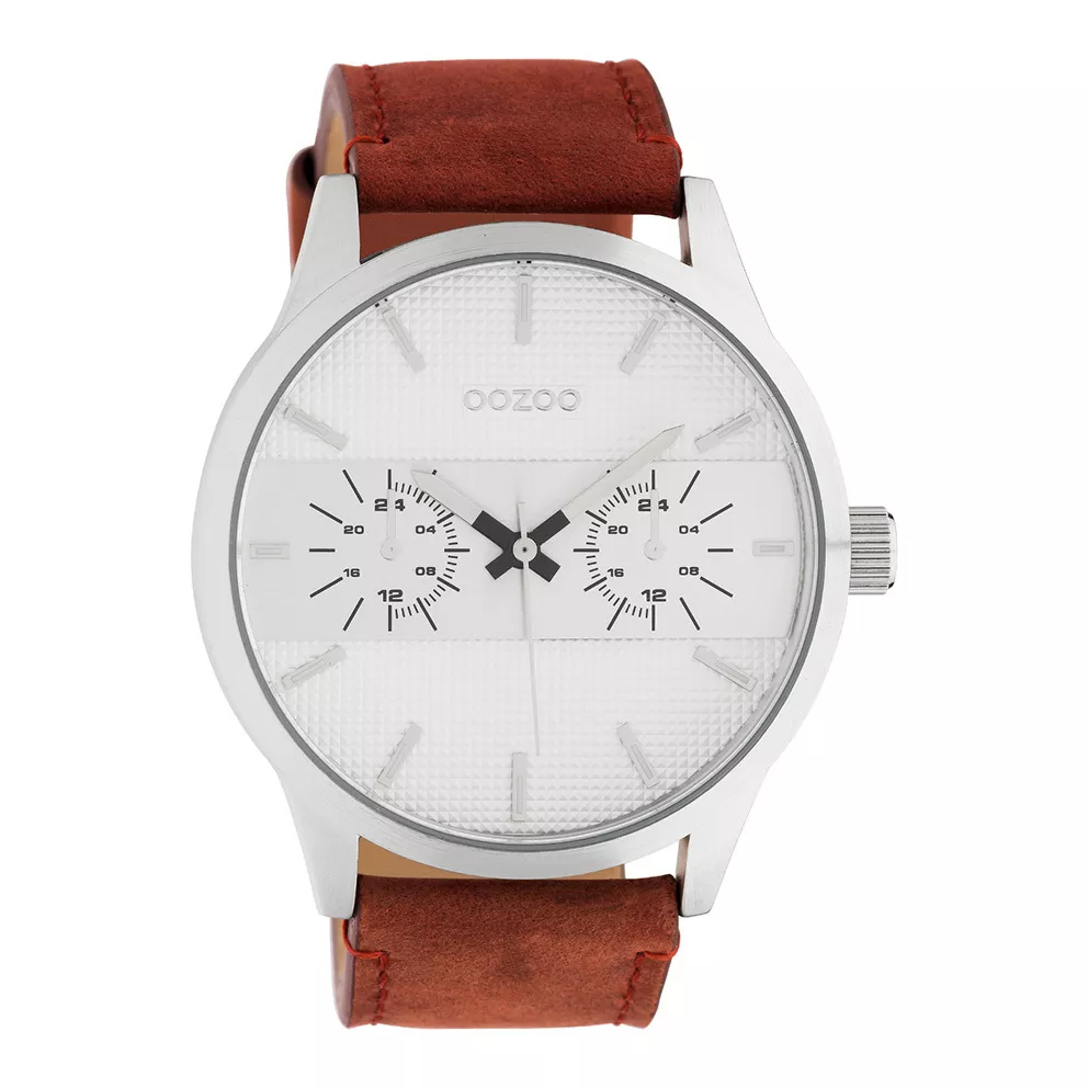 OOZOO C10535 Horloge Timepieces staal/leder zilverkleurig-cognac 48 mm