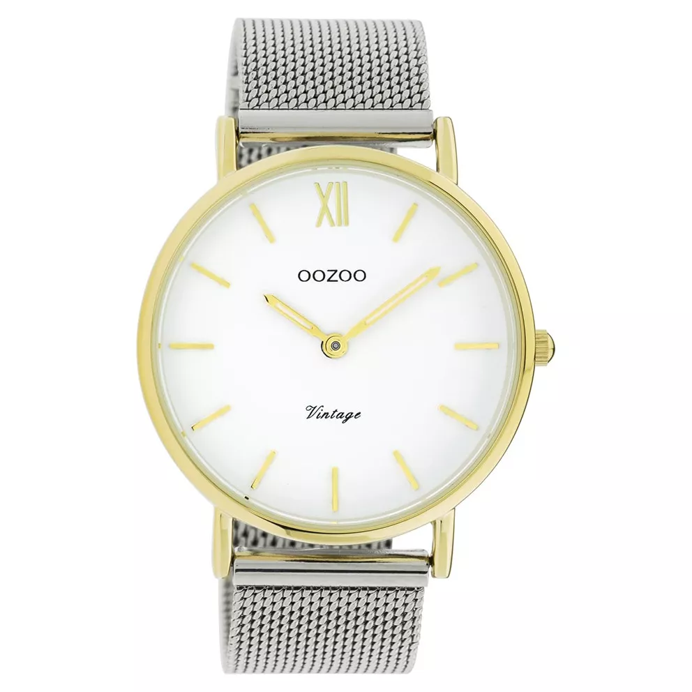 OOZOO C20116 Horloge Vintage Mesh zilver- en goudkleurig-wit 40 mm