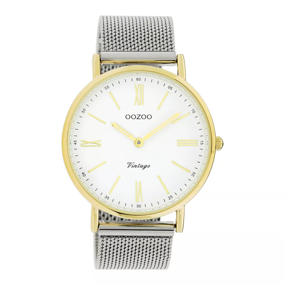 OOZOO C20118 Horloge Vintage Mesh zilver- en goudkleurig-wit 40 mm