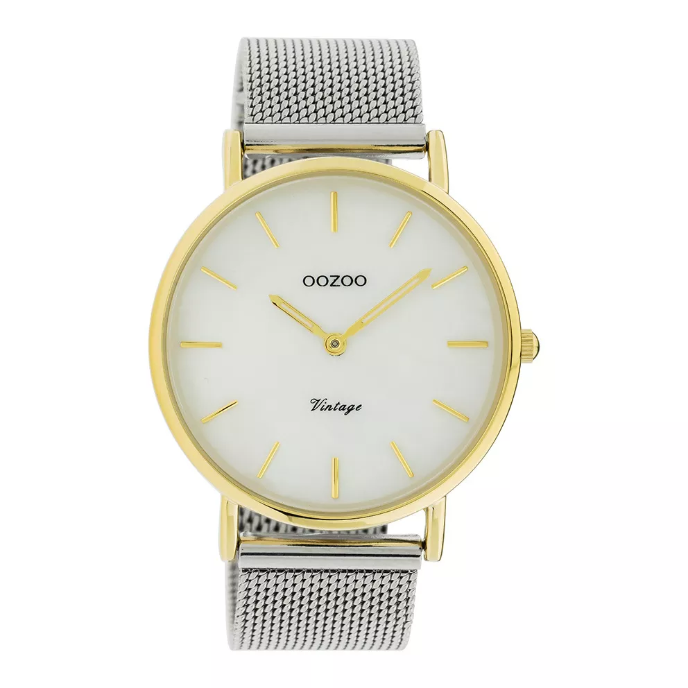 OOZOO C20119 Horloge Vintage Mesh zilver- en goudkleurig-wit parelmoer 40 mm