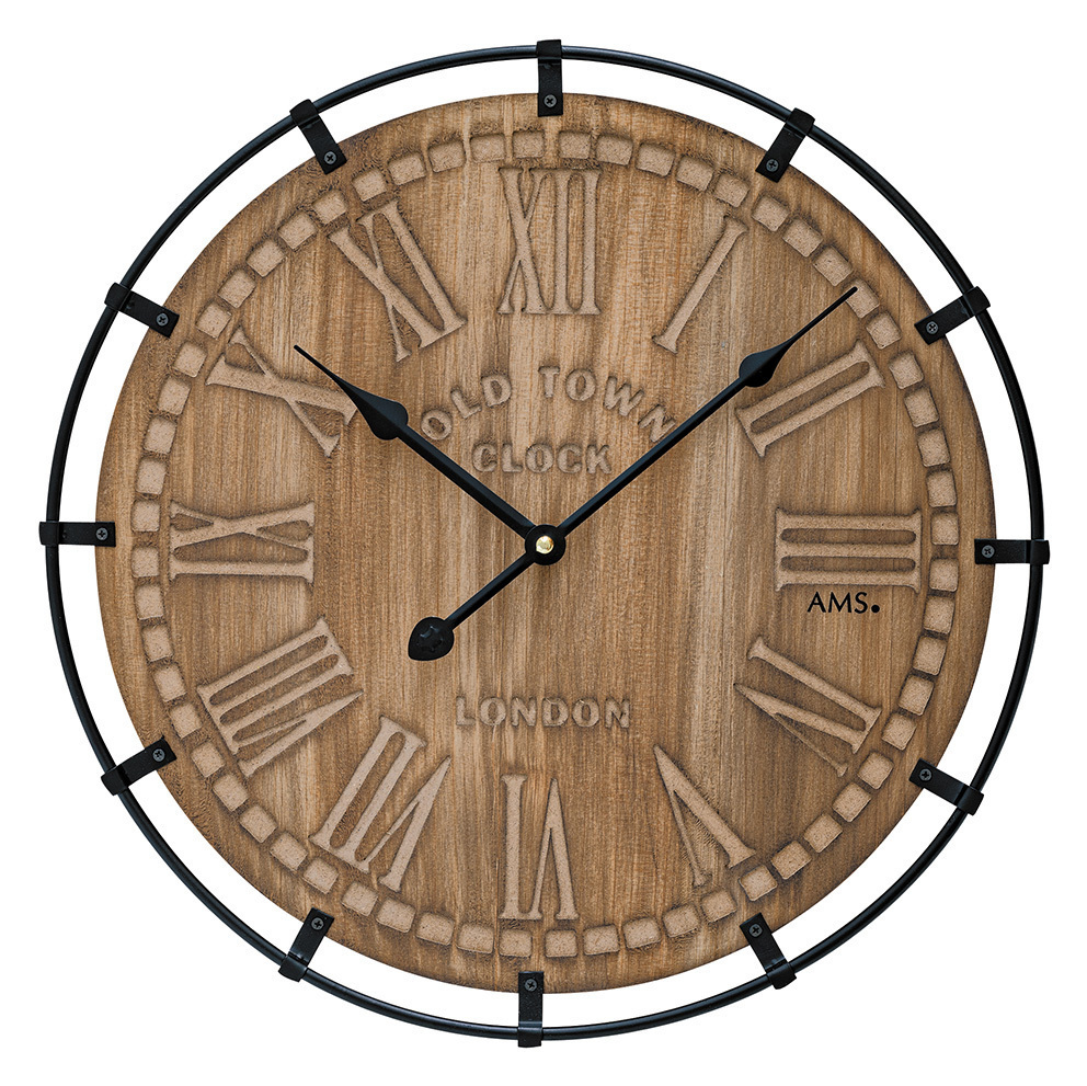 tempo Bestuiven basketbal AMS W9616 Wandklok Design Old Town Clock hout 40 cm hoog