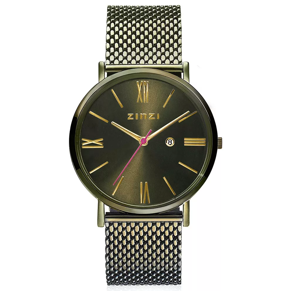 Zinzi ZIW544M Horloge Roman Mesh olijfgroen + gratis armband 34 mm