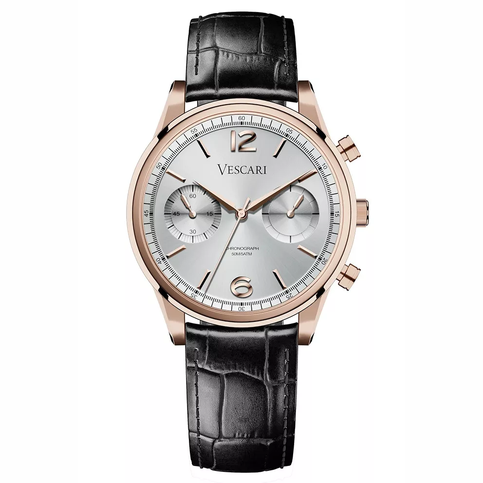 Vescari VSC-02RGS-1 Horloge The Chestor Rosegold-Silver-Black staal-leder 40 mm 