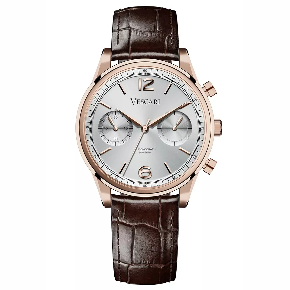 Vescari VSC-02RGS-2 Horloge The Chestor Rosegold-Silver-Brown staal-leder 40 mm 