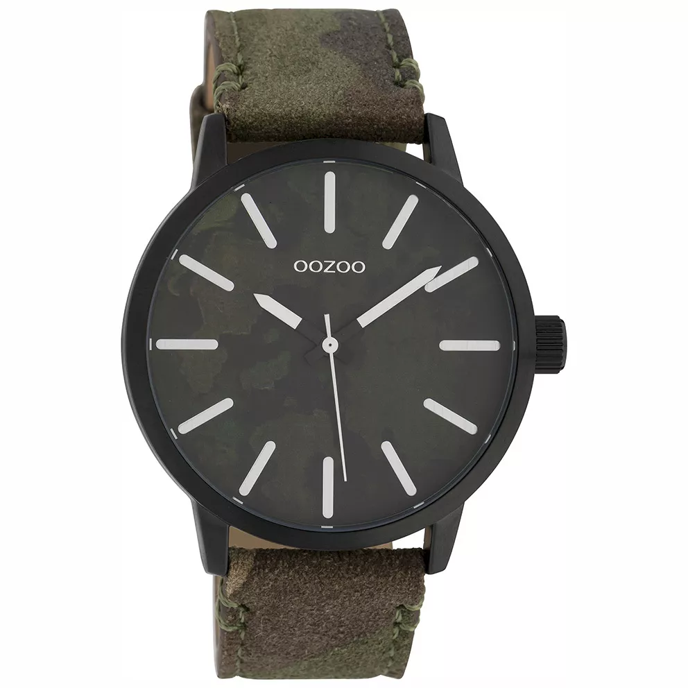 OOZOO C10003 Horloge Timepieces staal-leder camouflage-zwart 45 mm