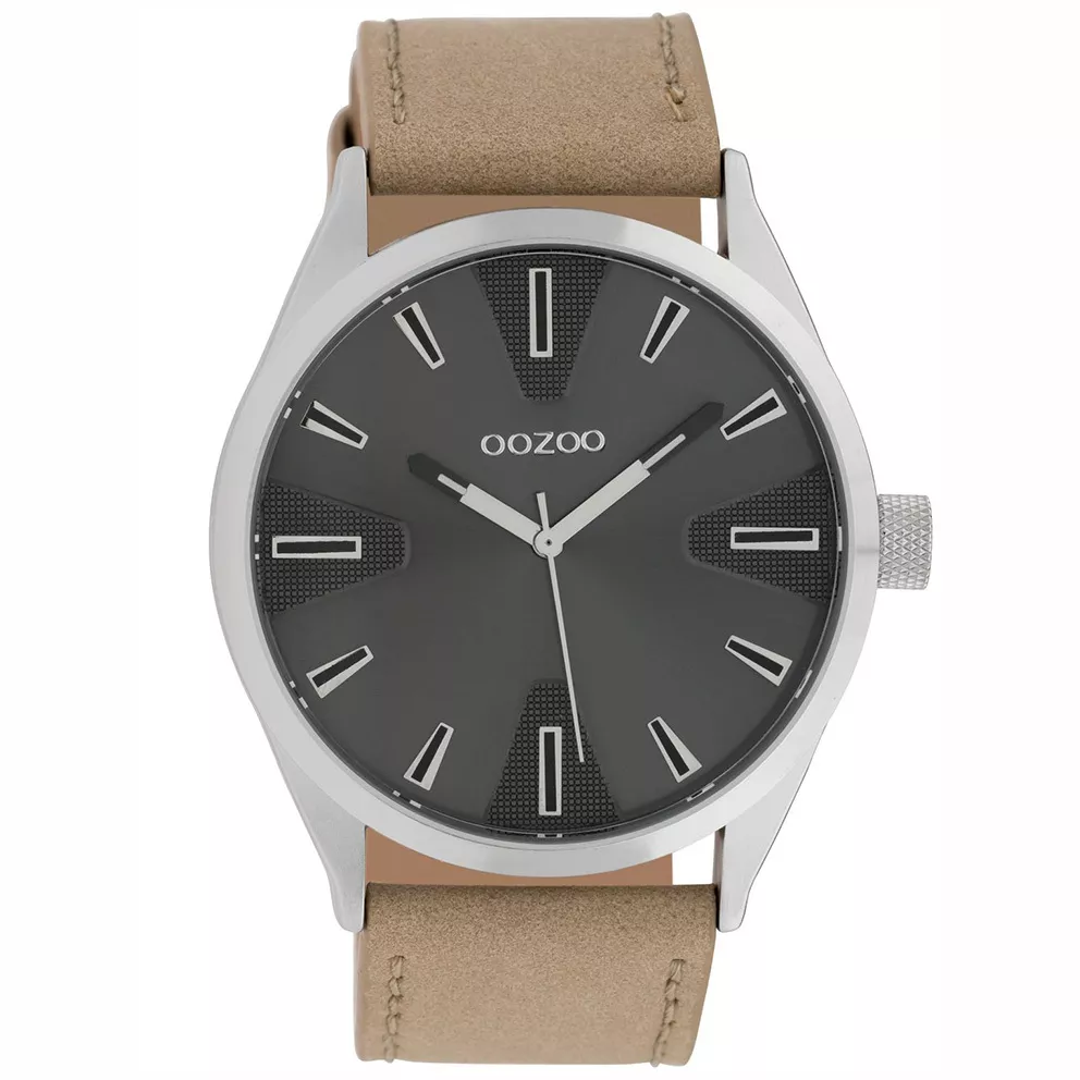 OOZOO C10021 Horloge Timepieces Collection staal-leder zwart-zandkleurig 46 mm