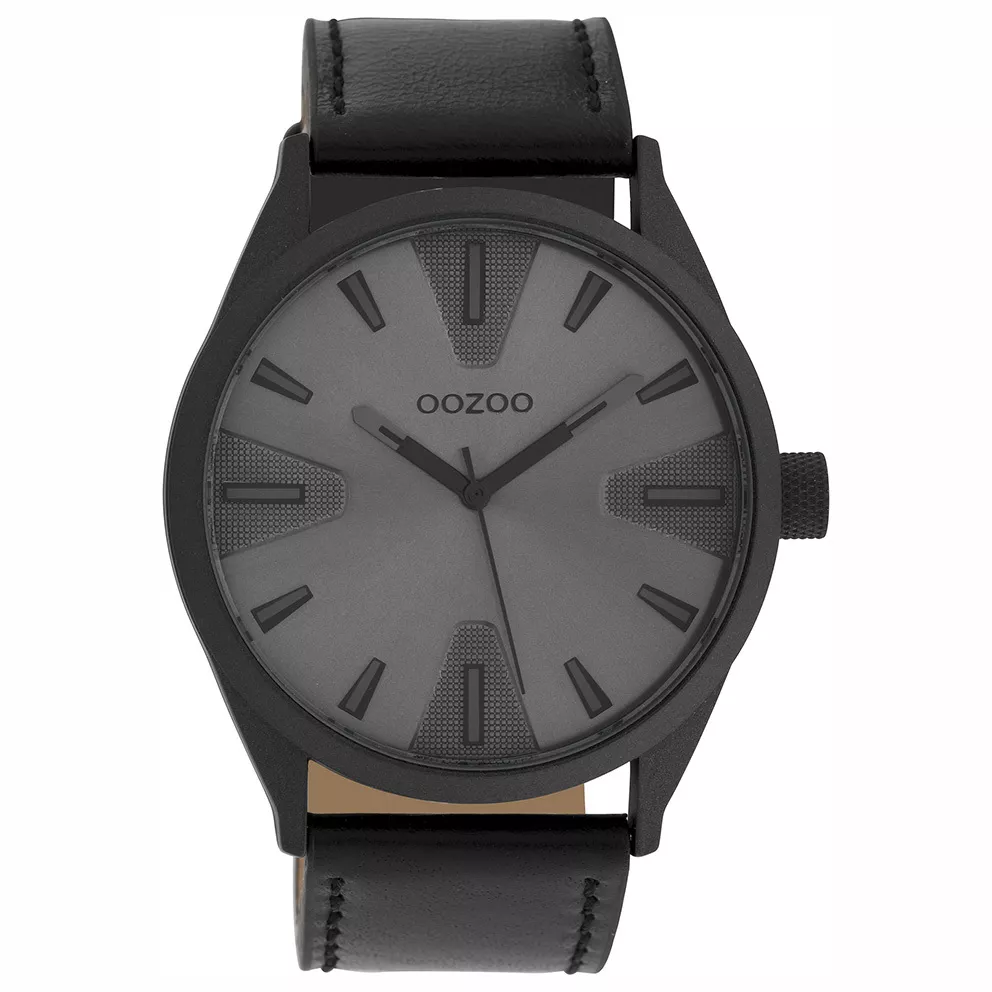 OOZOO C10024 Horloge Timepieces staal-leder zwart-grijs 46 mm