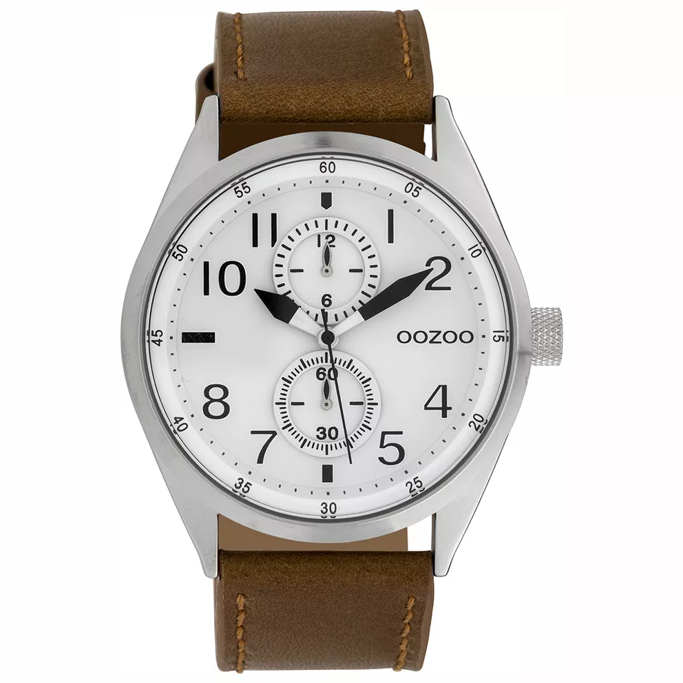 OOZOO C10025 Horloge Timepieces staal-leder bruin-wit 42 mm