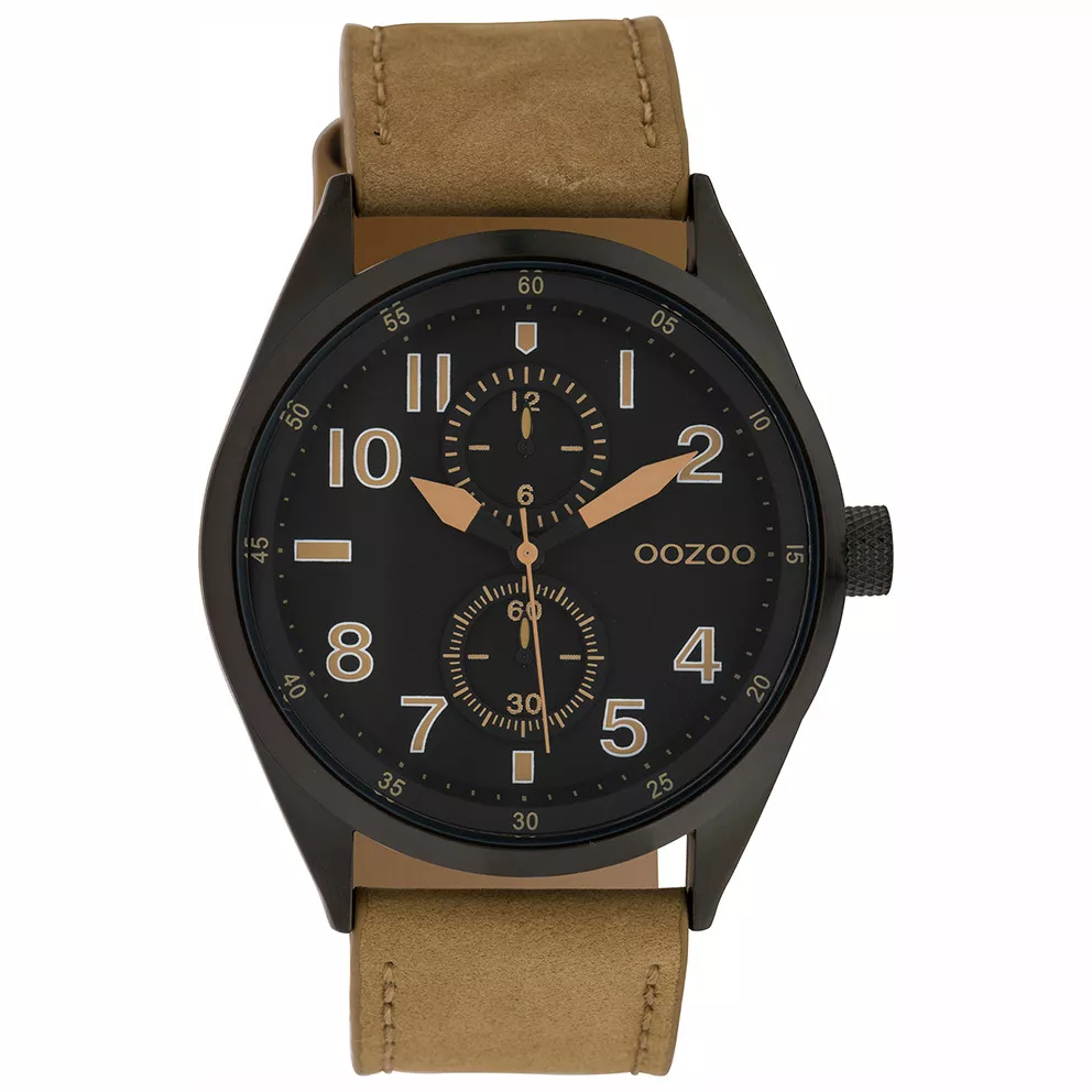 OOZOO C10027 Horloge Timepieces staal-leder zwart-camel 42 mm