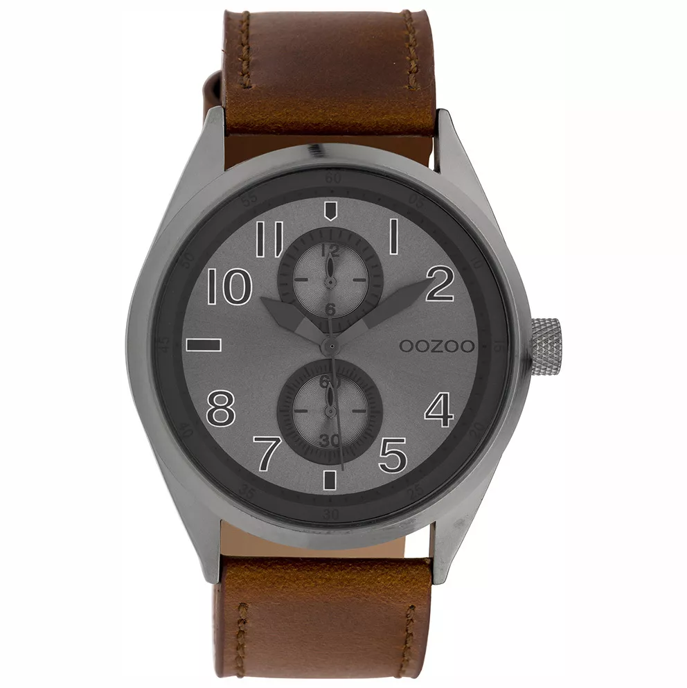 OOZOO C10028 Horloge Timepieces staal-leder donkerbruin-grijs 42 mm