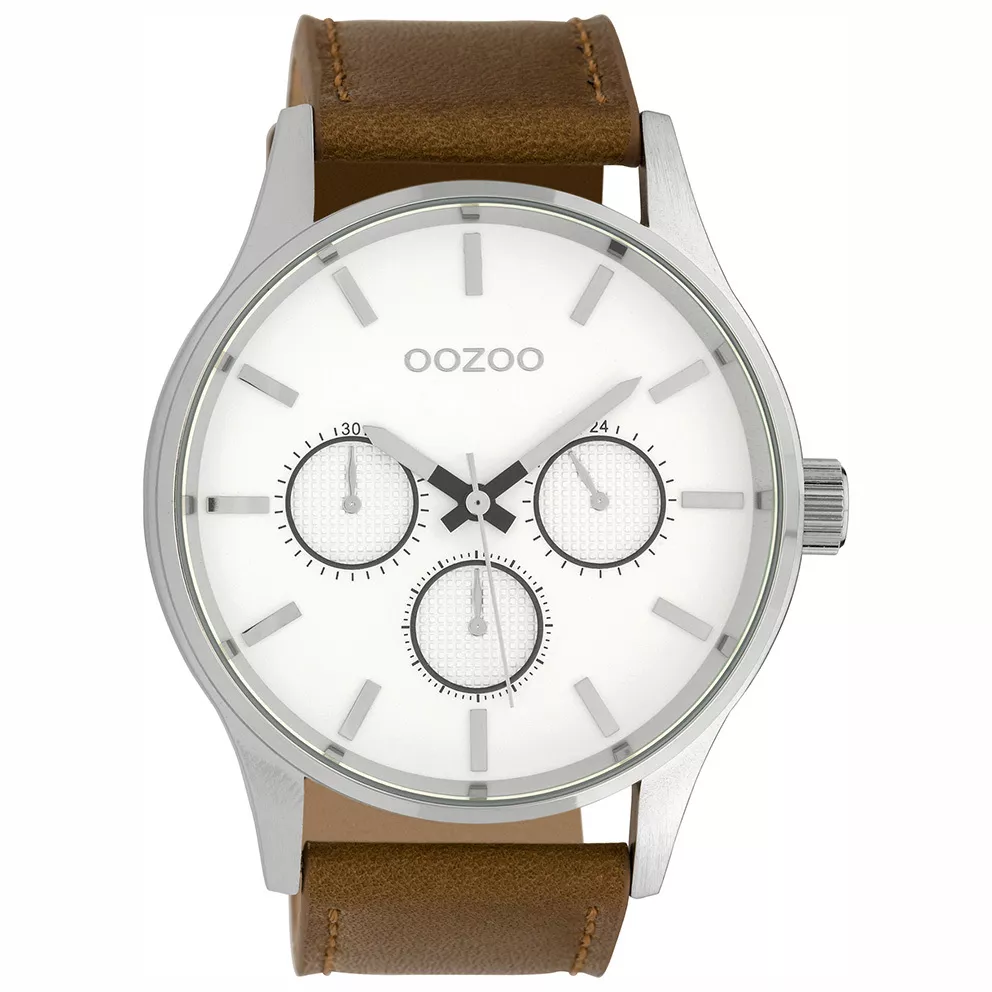 OOZOO C10045 Horloge Timepieces staal-leder bruin-wit 48 mm